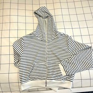 cropped black and white striped zip up hoodie.